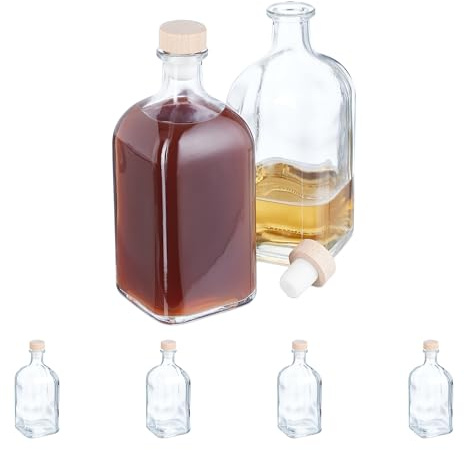 Relaxdays Glasflaskor, set med 6 500 ml, påfyllningsbar, för gåvor, med kork, för olja, vinäger, plantor, likör, klar, plast