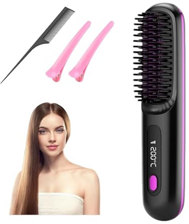 Go Brush Pro, Cordless Hair Straightener Brush, Portable Rechargeable Heated Styling Brushes Rechargeable Heated Styling Brushes for Hairs Styling Travel for Office Home (A)