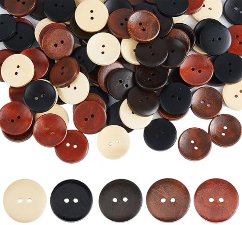 Hobbspring 100 botones de madera de 5 colores, 2 agujeros, botón de costura de 25 mm, botón redondo plano para manualidades, manualidades, ropa, abrigos, chaquetas, jeans, faldas