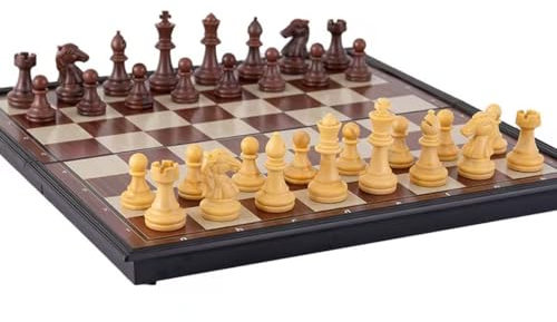 WUSJCOF Jeu d'échecs en bois pour adultes, Jeu d'échecs magnétique pliable portable pour enfants débutants Voyage, jeu de pièces d'échecs avec plateau de rangement portable (2 joueurs)