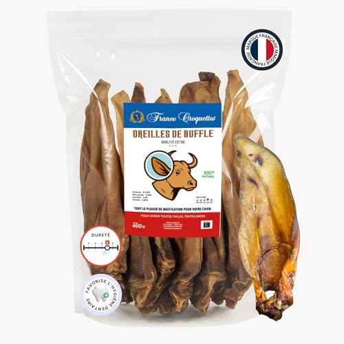 Oreilles de Buffle XXL pour Chien – 100% Naturelles, Riches en Protéines (87,59%), Faibles en Matières Grasses – Friandise à Mâcher Longue Durée – Qualité Premium – sans Additifs (1X 400g)