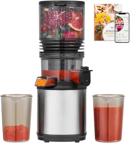 AMZCHEF Estrattore Frutta e Verdura con Bocca XXL 160 mm per Frutta Intera, Slow Juicer Silenzioso ≤45 dB, Capacità 2 L, Estrattore di Succo con Triplo Filtro Acciaio Inox, Facile da Montare e Pulire