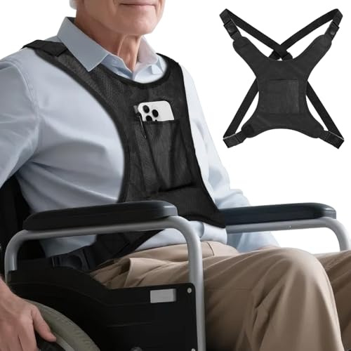 Wheelchair Seat Belt Harness for Adults, Adjustable Safety Vest with Pocket, Chest Harness Strap for Elderly Seniors and Disabled Patients to Prevent Sliding – Black