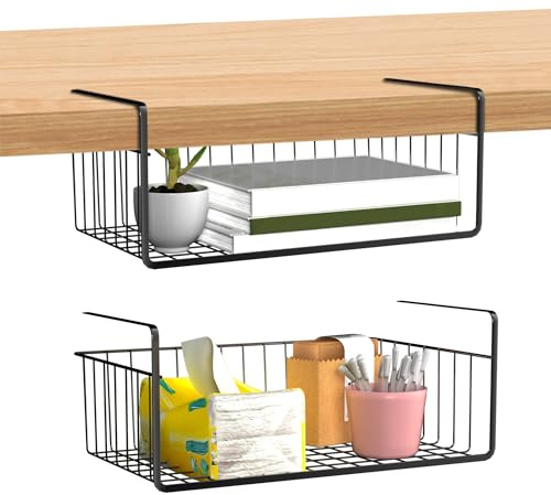 Aufun 2 Stück Unterregal Aufbewahrungskorb, Hängekorb Metall Drahtkorb Regal Unter Schrank Korb-Organizer Hängender Regaleinhängekorb für Küche, Büro, Speisekammer, Bad, Schrank, 40x25x15 cm