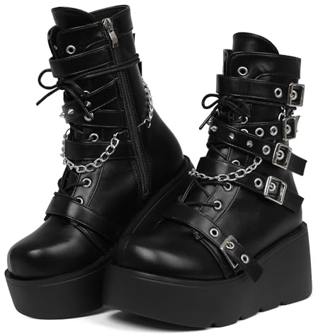 Celbreez Goth Boots Platform Boots for Women Side Zip Combat Boots Womens Round Toe Black Gothic Rave Boots Mid-Calf Platform Boots Wedge Buckle Cosplay Party Leather Motorcycle Shoes