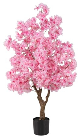 COSTWAY Albero di Ciliegio Artificiale da 118 cm con Fiori Rosa, Tronco PE Multiramo e Base Riempita di Cemento, Pianta Finta da Interno ed Esterno in Vaso per Ufficio, Casa, Matrimonio