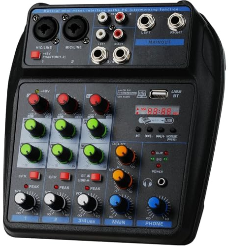 Mezclador de portátil de 4 canales, consola de grabación de sonido, tarjeta de mezcla con interfaz USB BT de 48 V for DJ, PC, MP3 y micrófono. Para Profesionales