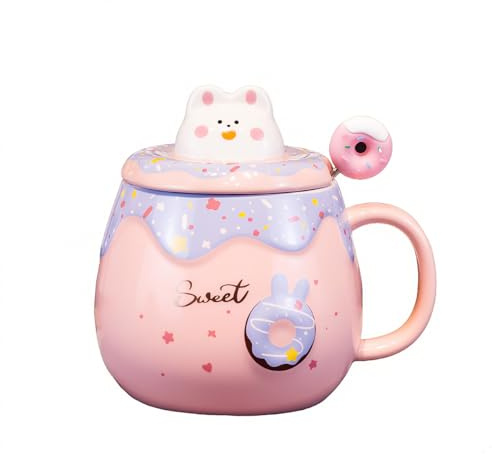 Bibykivn Tazza In Ceramica Donut Regali Per Bambini Completo Di Coperchio Per Tazza E Agitatore 400 Millilitri Design Accattivante Carina Creativa Casa Colazione Latte Cappuccino Caffè (Rosa)