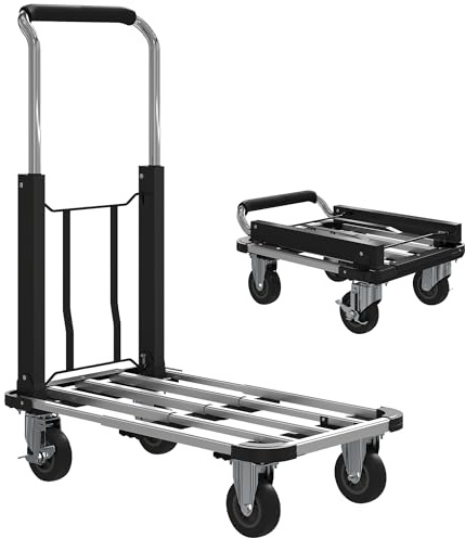 HOMCOM Carrello portapacchi Pieghevole con Piattaforma Estensibile, Carrello con Ruote Portatutto Capacità 150 kg con Maniglia Regolabile, con Ruote a Freno per Magazzini Officina Casa, Argento