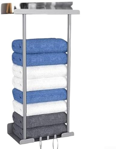 Porte-serviettes mural réglable télescopique extensible de 38 cm à 75 cm avec plusieurs crochets et étagère pour un rangement efficace de la salle de bain (gris)