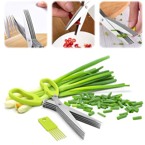 stainless steel herb scissors with 5 blades, multi blade herb cutting shears for kitchen salad,Scallion,Green onion