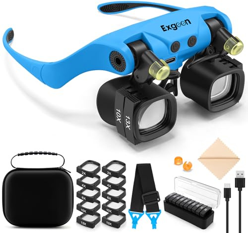 Loupes avec lumière, 2X à 23X Loupe Bandeau avec 5 Paires de lentilles interchangeables (2X 4X 6X 10X 13X), Mains Libres Rechargeable pour Loisirs créatifs, réparation (Bleu)