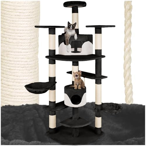 Tectake® Multi-Level Cat Tree with Sisal Scratching Posts, Plush Fabric, 2 Cosy Cat Houses, 2 Hanging Beds & Toy Rope, Anti-Tip Protection - 201 cm Tower for Play & Rest - Black/White