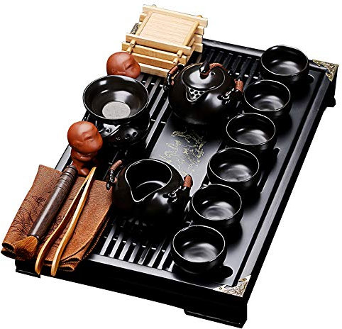 fanquare Chinesisches Kung Fu Teeset aus Schwarzer Keramik mit Teetablett und Kleinen Teewerkzeugen, Porzellan Tee Service