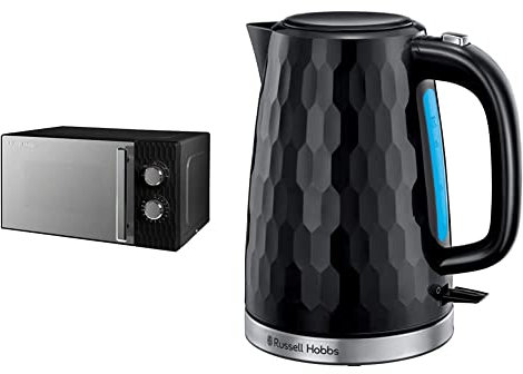 Russell Hobbs Honeycomb RHMM715B 17 Litre 700W Black Solo Manual Microwave with 5 Power Levels, Integrated Timer and Defrost Function & 26051 Cordless Electric Kettle, 1.7 Litre, Black