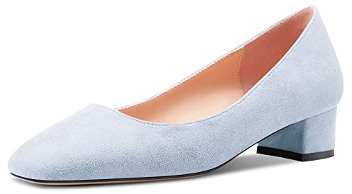 HEUIVZAR Femmes Talon Heel Escarpins Carré Bout Kitten Bas Chunky Bloc Talon Heel Slip-on Suède Dress Chaussures Mariée Vacances Bleu Ciel 3.5 CM 42 EU