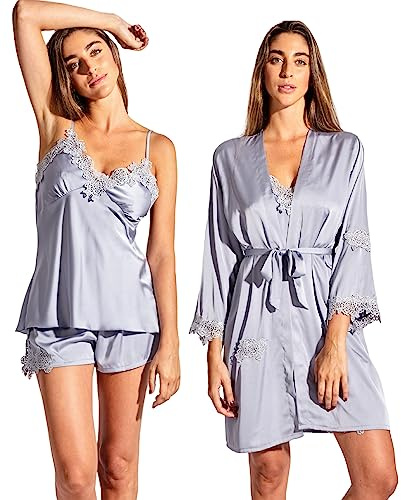 Laura in - 5 Piezas Conjunto Pijamas de Seda satén con Encaje Bordado, Ropa de Dormir para Mujer, Bata, camisón, Top, Cortos y Pants Largos-1108GrisL