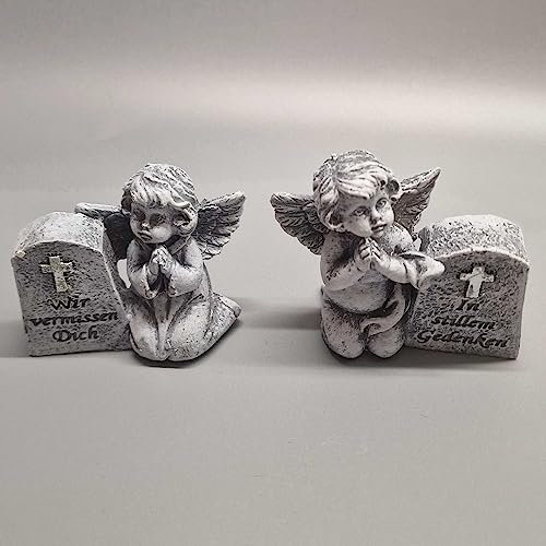 eberin · Kleiner Gedenkstein mit Engel · Engel Deko Figur · Grabschmuck · Engel am Grabstein · Grabengel Friedhof (Set mit 2 Engeln)