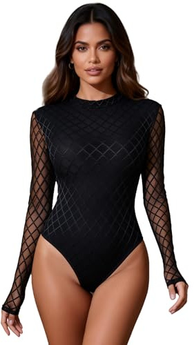 comeondear Womens Sexy Bodysuits Elegant Lace Black Bodysuit Mesh Long Sleeve Leotard Ladies Going Out Tops Bodysuit Jumpsuit Clubwear Tops