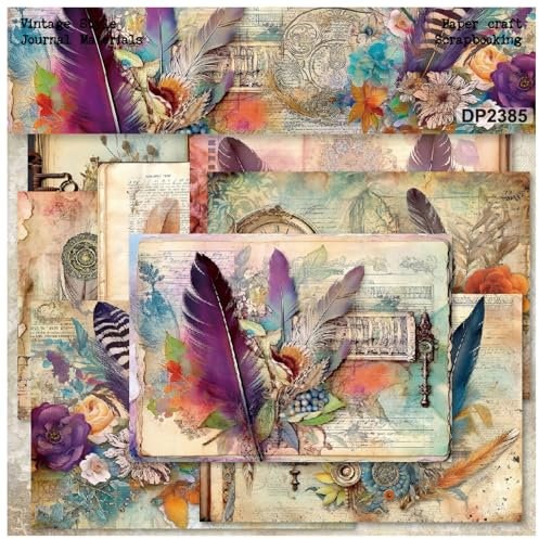 ZAKHSE Designpapier 24 Blätter Bunte Federn Motivepapier, Papiergröße 14,5x21cm, Einseitig Bedruckt Scrapbook Papier Bastelpapier, 8 Designs, Gemustert Dekopapier für Kartengestaltung Sammelalbum