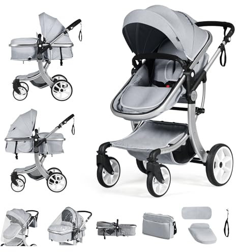 COSTWAY 2 in 1 Kinderwagen faltbar, Kombikinderwagen mit verstellbarer Rückenlehne & Verdeck, Reisebuggy tragbar mit Sonnenschutz, Wickeltasche für Baby bis 3 Jahren, 25 kg Belastbar (Grau)