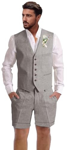 Dsteng Traje de Lino para Hombre, 2 Piezas, Traje Corto para Hombre, Casual, Verano, Playa, Boda, Chaleco de Lino, Conjunto de Pantalones Cortos, Gris, Large