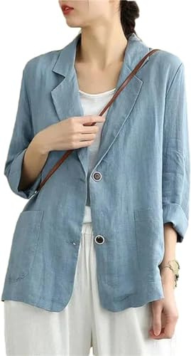 Las Mujeres de algodón y Lino Blazer Primavera y Verano Suelta Casual de un Solo Color de Solapa de Manga Larga Hebilla Chaqueta Delgada
