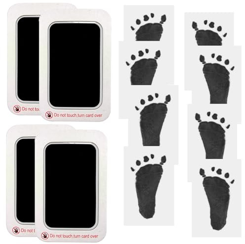 RIKWOG Baby fotavtryck och handavtryckssats, 4 svarta bläckfria tryckdynor + 8 tryckkort, hundtassavtryckssats, ren beröringsbläckdyna, perfekt minnessak present till nyfödda och husdjur, tryck med