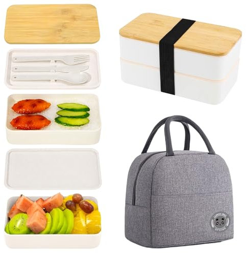 Ksvaye Bento Lunch Box 2 Couches Boite Repas Compartiment 1200 ml Lunchbox Hermétique avec Couverts Kit et Sac Isotherme Repas Boite Bento pour Adultes Enfants Pique-Niques Travail L'école (Blanc)