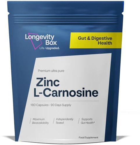 Zinc L-Carnosine Supplement - 75mg x 180 Capsules of Maximum Bioavailable Zinc L-Carnosine 2 Per Serving, Supports Gut Health, Nutrient Absorption, Digestive Comfort - 3 Months Supply