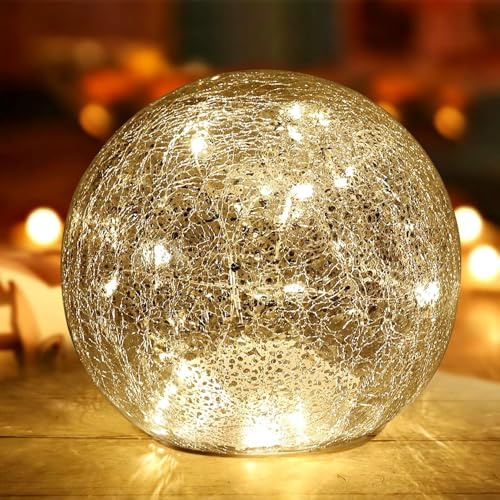 Mercury Crackle LED Glass Globe Ball Lamp with Timer, Battery Operated Night Light for Girls, Birthday, Halloween,Christmas - Decorative Gift for Home Warm White (with Timer, 1)