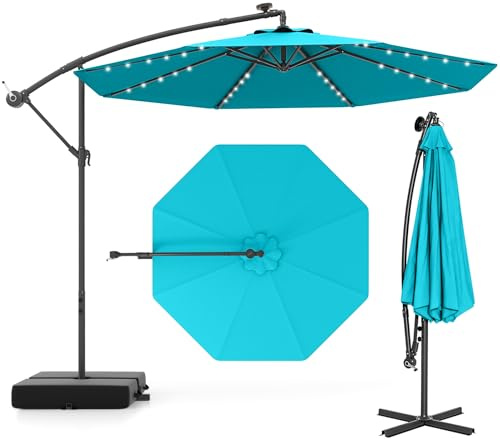 RELAX4LIFE Parasol Déporté 3x3M LED à Énergie Solaire, Parasol de Jardin Extérieur Inclinable avec Pied Incus, Imperméable à 8 Baleines, Protection UV pour Terrasse Patio Plage (bleu turquoise)