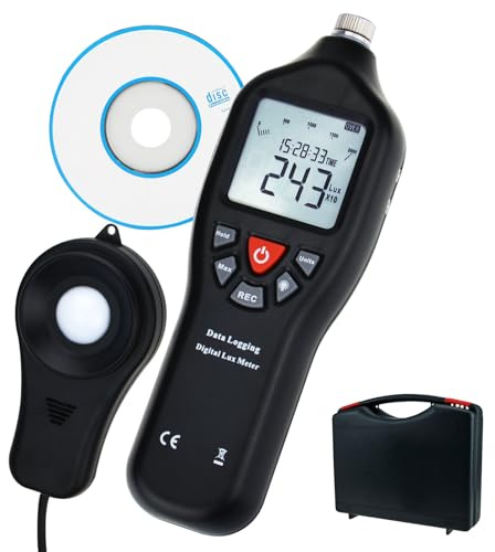Digital Lux Meter 0-200,000 Lux – USB Data Logger for Windows 10/8/7/Vista/XP, 21,000 Memory, Auto-Ranging, Backlit Display, Fc/Lux Switchable, Detachable Sensor