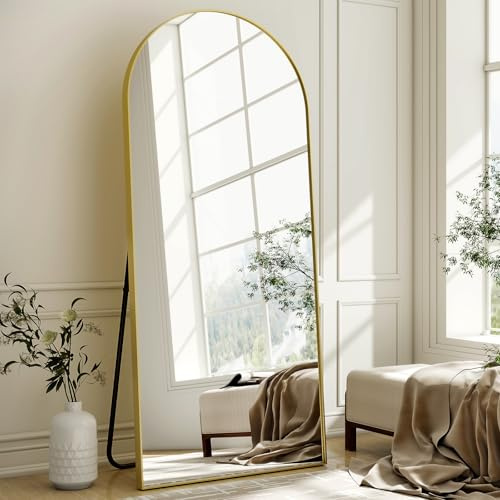 BEAUTYPEAK Arched Full Length Mirror 165x60cm Full Body Floor Mirror Gold | Standing Hanging or Leaning Mirror with Stand, Wall Mounted Large Dressing Mirror for Bedroom Living Room Entry Hallway