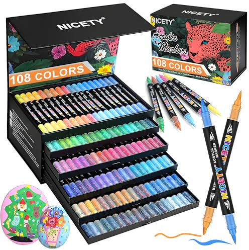 NICETY 108 Colori Pennarelli Acrilici – Marcatori Doppia Punta 1mm Fine e 1–5mm Punta a Pennello – Pennarelli per Pietre, Legno, Tessuti, Vetro e Ceramica – Vernice Acrilica Permanente a Base d’Acqua