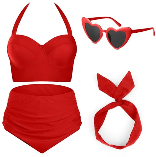 JaGely 4 Pcs 1950s Women Retro Bikini Sets Vintage High Waisted Swimsuits Wire Headband and Heart Sunglasses(Solid Color,Red,M)