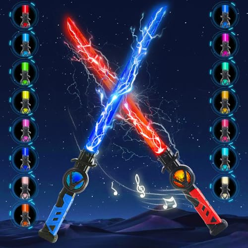 XEERUN 2pcs Spada Luminosa Ricaricabile per Bambini, 15 Colori Cambiabili 2 in 1 Retrattile LED Luce Fino Giocattolo Sciabola Confezione da Spade Laser per Cosplay e Costume da Combattente di Guerra