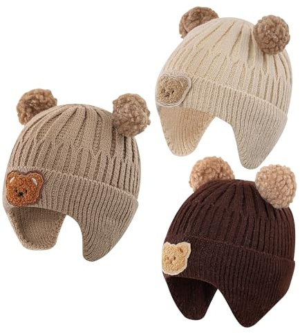 MASOCIO Gorro Bebe Niño Niña Invierno Gorros Bebé con Orejeras 6 12 18 Meses Pack de 3 Sombrero Pompon 2 Punto Termico Gorrito 1-3 Años Multicolor