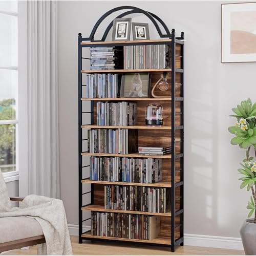 MUVJUG CD Storage Rack Holds 400+ CDs, 8-Tier CD DVD Storage Tower Organizer, Large Media Storage Shelf with Adjustable Feet for Living Room Bedroom Home Entertainment, Rustic Brown