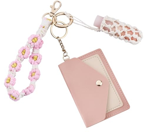 FINGERINSPIRE 1 Set Porte-Clés Poignet Portefeuille Boho Porte-Lipstick Rose Organisateur Lipstick Avec Lanière Réglable & Fentes Cartes Set Portefeuille Clé Boho pour Clés Cartes Cosmétiques Voyage