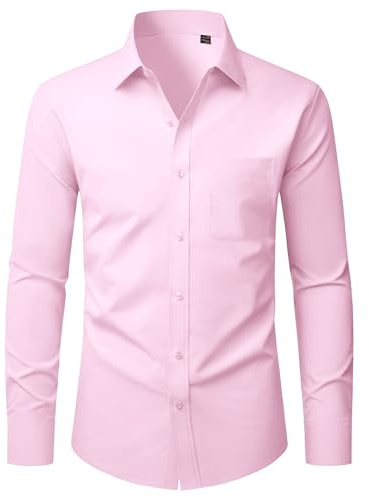 Mens Pink Shirt Long Sleeve Slim Fit Stretch Dress Formal Casual Shirts
