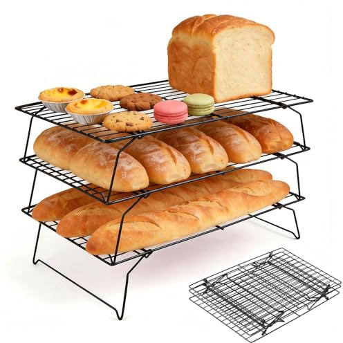 Griglia di Raffreddamento 3 Strati in Acciaio al Carbonio - Pieghevole e Impilabile, Antiaderente Salvaspazio, 40x25x7.5 cm, Nero - Adatto per Asciugare, Raffreddare la Torte, Biscotti e Pasticcini