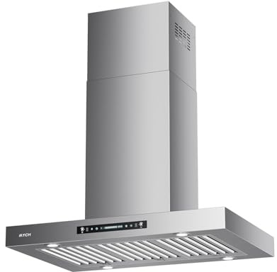 IKTCH Island Mount Range Hood 36 inch, 900 CFM Ducted Range Hood with 4 Speed Fan, Stainless Steel Hood Fan with Gesture Sensing & Touch Control with 3 Pcs Filter