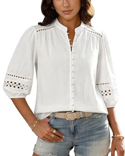 Bsubseach Women Button Down Shirt 3/4 Puff Sleeve Dressy Casual Blouse Cotton Eyelet Boho Mandarin Collar Tops White XL