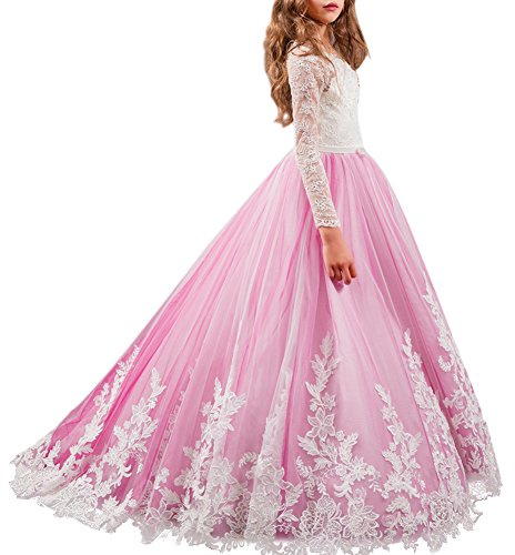 IBTOM CASTLE Vestido de niña de Flores para la Boda Niñas Niños Largo Gala Encaje De Ceremonia Fiesta Elegantes Comunión Paseo Baile Pageant #5 White+Pink 12-13 años