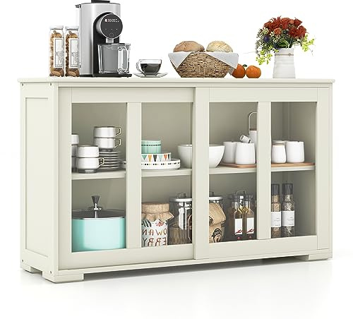 COSTWAY Armadietto da Cucina Mobile Laterale Multiuso con Ante Scorrevoli, in Legno e Vetro, 106,5 x 33 x 62,5 cm (Bianco Crema)