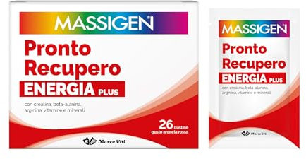 Massigen - Pronto Recupero Energia Plus, Integratore Tonico Energetico con Creatina, Arginina, Beta-Alanina, Vitamine e Minerali, 24 Bustine da 8 g, Gusto Arancia Rossa