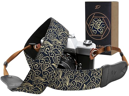Padwa Lifestyle Correa para cámara - Cabeza de cuero de vaca de doble capa, correa para el cuello de la cámara bordada de algodón de 2