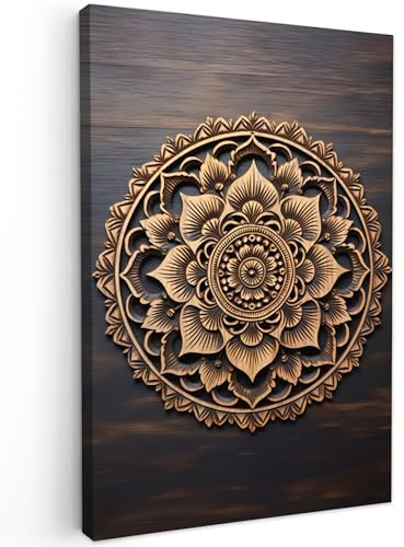 MuchoWow© Impressions sur Toile 80x120 cm Deco Tableau Murale Decoration Salon Peinture Tableaux Chambre Toiles Maison Mandala - Bois - Fleurs - Marron