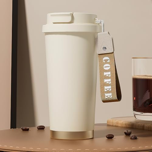APOMOONS 530 ml Mug Isotherme Cafe to-go avec sangle et Tasse de voyage sans BPA 0.53 litre avec isolation Tasse thermique étanche en acier inox scellée résistante Tazza da caffè to go (blanc)